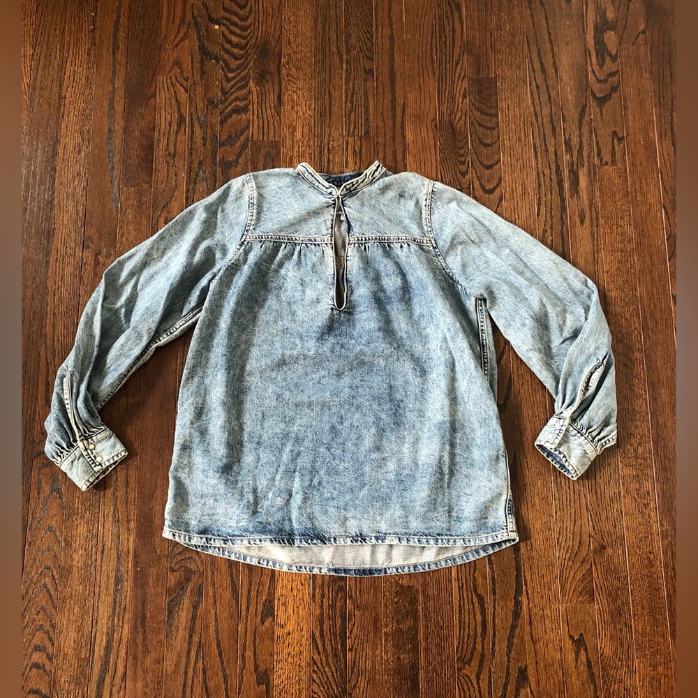 GANNI Women’s Small/36 Blue/Gray Light-Wash Acid Denim Long-Sleeved Blouse - EUC